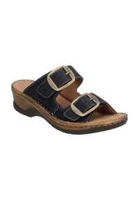 Sort læder slide sandal med to klodsede metalspænder. Har en kontureret polstret indersål og en tekstureret kilehæl.