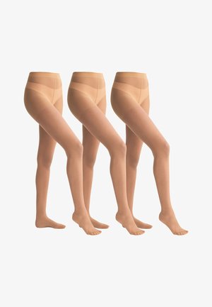 Trois paires de collants beiges transparents présentées sur des mannequins de jambes sur fond blanc.
