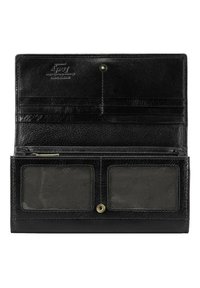 Czarny skórzany portfel o teksturowanym wykończeniu. Posiada wiele kieszeni na karty, dwa przezroczyste okna na identyfikator, zapięcie na zatrzask i minimalistyczny design.
