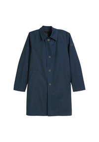 Marineblauer langer Mantel mit Knöpfen vorne, zwei schrägen Seitentaschen und klassischem Kragen.