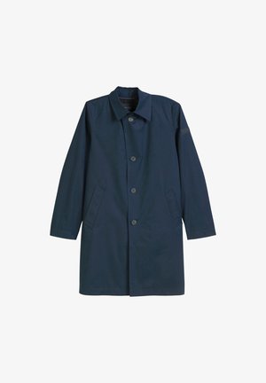 Marineblauwe lange jas met knopen aan de voorkant, twee schuine zijzakken en een klassieke kraag.