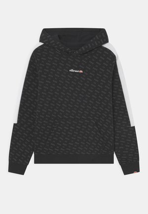 Czarna bluza z kapturem z subtelnym wzorem logo Ellesse na całej powierzchni, białymi bocznymi panelami, centralnym logo Ellesse oraz przednią kieszenią typu kangur.