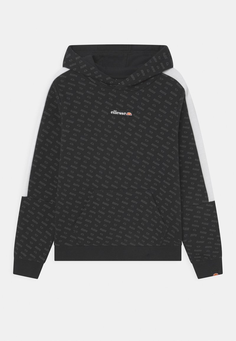Sweat à capuche noir avec un motif subtil du logo Ellesse sur l’ensemble, panneaux latéraux blancs, logo Ellesse central et poche kangourou à l’avant.