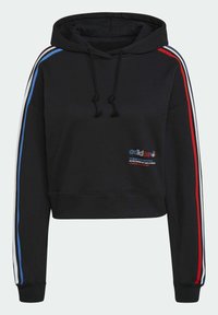 Černá zkrácená mikina s kapucí a šňůrkami. Bílé, modré a červené pruhy probíhají podél rukávů. Vyšívané logo na přední části.