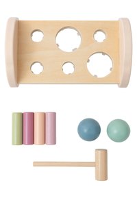 Wooden activity toy with a beige frame and four circular holes, includes pastel wooden rods (green, pink, orange, purple), and two spheres (blue, green).