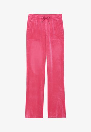 Pantalons en velours rose avec taille à cordon, deux poches avant, coupe évasée et texture lisse.