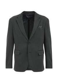 Dark grey blazer, textured fabric, notched lapels, single button closure, two front pockets, patterned inner lining, with a pocket square.