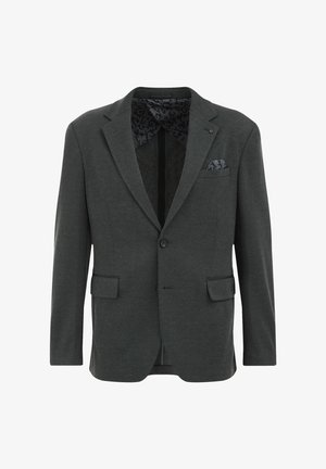 Dark grey blazer, textured fabric, notched lapels, single button closure, two front pockets, patterned inner lining, with a pocket square.