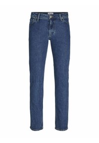 Jeanși din denim de culoare albastru închis, cu un design cu picior drept, având un aranjament cu cinci buzunare, bucle pentru curea și un buton metalic la talie.