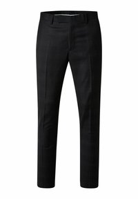 Zwarte slim-fit dresspant voor mannen met riemlussen en een voorplooien, gemaakt van gladde stof.