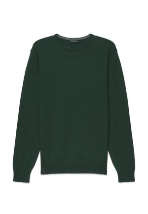 Maglione verde scuro a maniche lunghe con collo a girovita, polsini e orlo a costine, mostrato disteso su sfondo bianco.