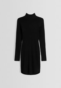 Robe col roulé noire côtelée à manches longues, avec une coupe ajustée et un ourlet légèrement incurvé pour une silhouette affinée.
