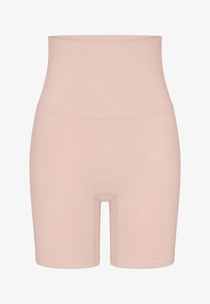 Hochtaillierte nahtlose beige figurformende Shorts mit mittlerer Oberschenkellänge und glatter Stoffstruktur.