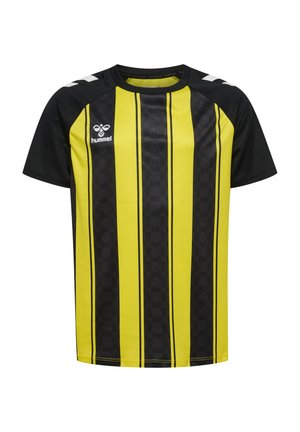 Kortærmet sportsjersey med gule og sorte lodrette striber, sorte skuldre og hvid hummel-logo på venstre bryst.