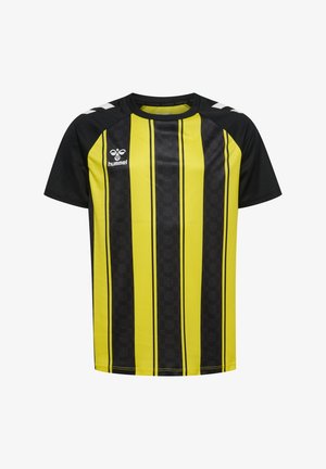 Kurzärmeliges Sporttrikot mit gelben und schwarzen vertikalen Streifen, schwarzen Schultern und weißem hummel-Logo auf der linken Brust.