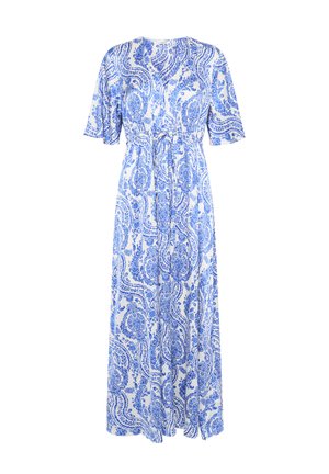 Maxi-jurk met een witte achtergrond en een blauw paisleypatroon, korte mouwen, een cinched taille en een vloeiende stof die tot de vloer valt.