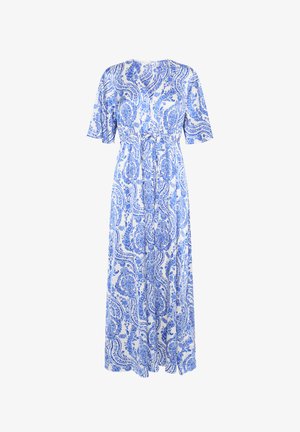 Maxi-jurk met een witte achtergrond en een blauw paisleypatroon, korte mouwen, een cinched taille en een vloeiende stof die tot de vloer valt.