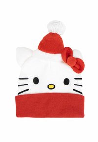 Cappello a maglia bianco con dettagli rossi, caratterizzato da orecchie da gatto, un pompon e un fiocco. Dettagli facciali neri e una fascia di polsino rossa nella parte inferiore.