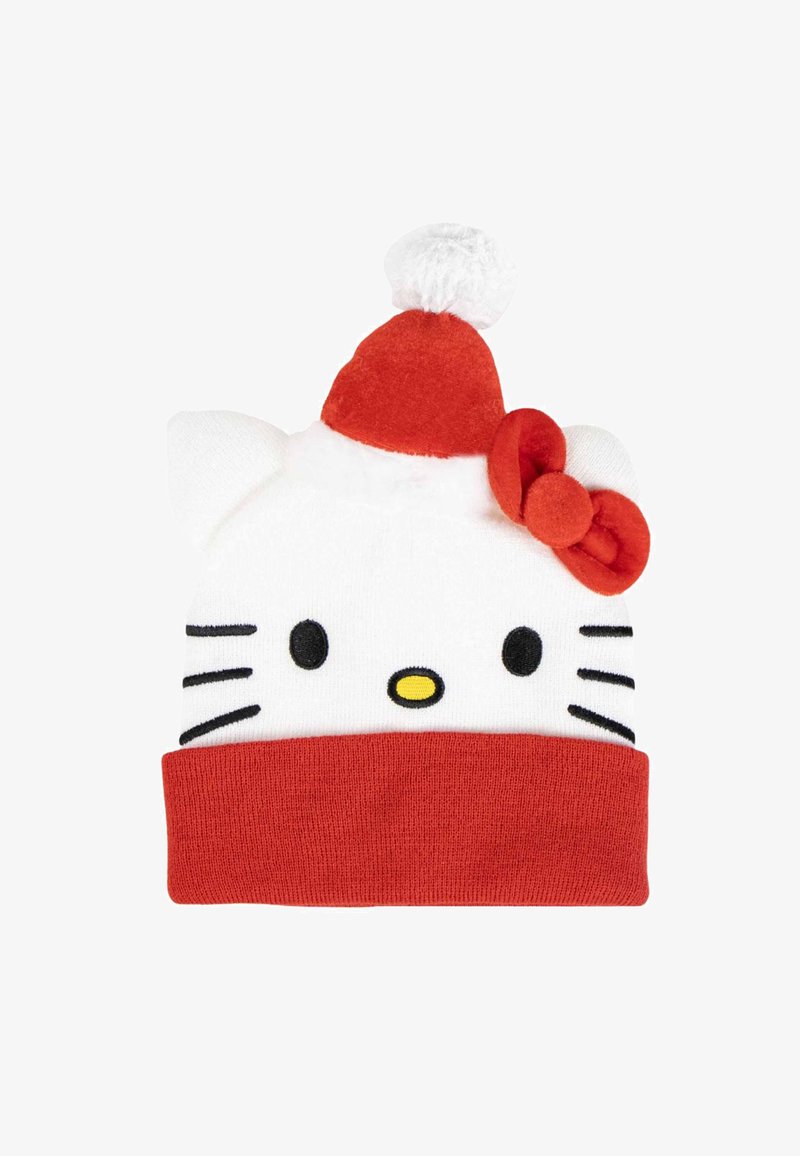 Cappello a maglia bianco con dettagli rossi, caratterizzato da orecchie da gatto, un pompon e un fiocco. Dettagli facciali neri e una fascia di polsino rossa nella parte inferiore.