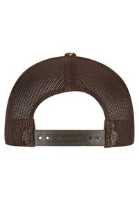 Brun mesh baseball cap med en buet skygge, justerbar plastrem bagpå med flere huller til størrelsejustering.