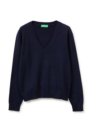 Marineblauwe V-hals trui met lange mouwen, geribbelde manchetten en zoom, met het label United Colors of Benetton, weergegeven op een witte achtergrond.