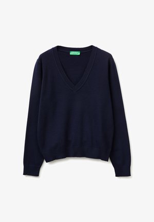 Suéter azul marino de manga larga con cuello en V y puños y dobladillo acanalados, etiquetado United Colors of Benetton, mostrado sobre fondo blanco.