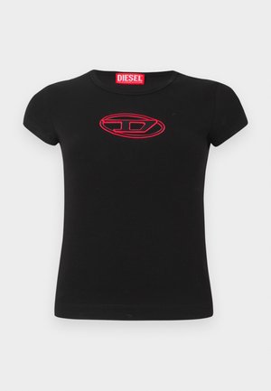 Black cotton t-shirt with short sleeves, featuring a red embroidered Diesel logo in an oval design at the center.