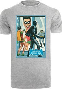 Gray cotton t-shirt featuring a retro comic-style graphic of Batman and Robin. The design has bright colors and text "Distorted Dynamic Duo."
