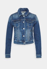 Blaue Jeansjacke mit Kragen, cropped Design, zwei Brusttaschen und Knopfverschluss. Helles Verblassenmuster auf der Vorderseite und den Ärmeln.