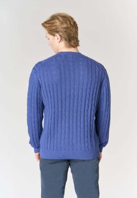 Maglione blu lavorato a maglia con motivo a trecce, scollo rotondo e polsini e orlo a coste. Indossato con pantaloni grigi.