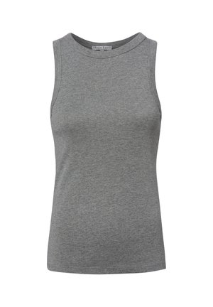 Débardeur gris sans manches avec encolure arrondie, fabriqué en tissu doux, présenté sur fond blanc.