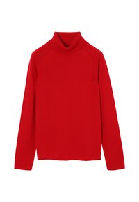 Pullover roșu cu guler înalt, din material tricotat moale. Are un guler ondulat și o croială relaxată, de tip boxy.
