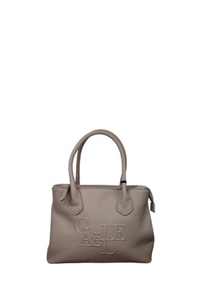 Bolso beige claro con dos asas redondeadas, cierre de cremallera en la parte superior y logo "GUÄLE" en relieve en el centro frontal.