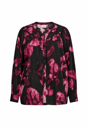 Blusa nera con un motivo astratto rosa e bordeaux, maniche lunghe, chiusura a bottoni e un dettaglio plissettato sul babydoll per una vestibilità rilassata.