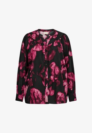 Melnā blūze ar rozā un bordo abstraktu rakstu, garām piedurknēm, pogu aizdari un krokotu yugu detaļu brīvai piegulšanai.