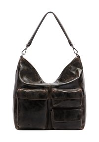 Brązowa torba na ramię z miękkiego skóropodobnego materiału, wyposażona w dwa przednie kieszenie oraz pojedynczy regulowany pasek z metalowymi ozdobami.