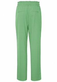 Green, loose-fitting pants with an elastic waistband, two back pockets, and a smooth texture, featuring a straight leg design.