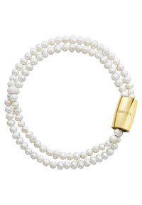 Braccialetto in perle con due fili di perle bianche iridescenti e una chiusura in oro lucido con incisione "BREIL".