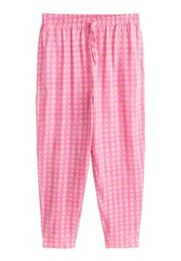 Pantalon à taille élastique à carreaux roses et pêche clair avec cordon de serrage, jambes fuselées et coupe décontractée.