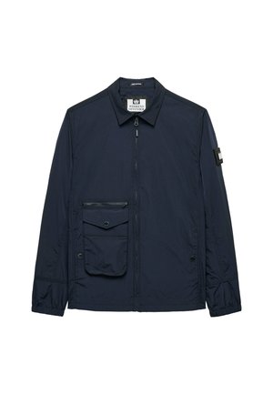 Navy nylon jacket with a front zipper, stand collar, and long sleeves. Features a chest pocket and elastic cuffs for a fitted look.