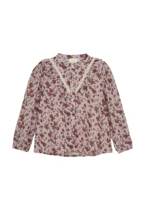 Langärmlige Bluse aus weichem rosa Stoff, mit floralem Muster in Rot und Grün. Verziert mit Spitzenbesatz und vorderem Knopfverschluss.