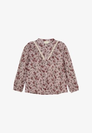 Langärmlige Bluse aus weichem rosa Stoff, mit floralem Muster in Rot und Grün. Verziert mit Spitzenbesatz und vorderem Knopfverschluss.