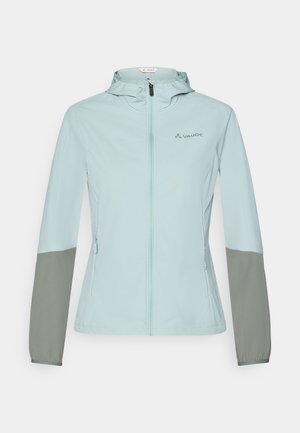 Light blue lightweight jacket with gray sleeves, full zipper, adjustable hood, and Vaude logo on the chest. Smooth texture and athletic fit.