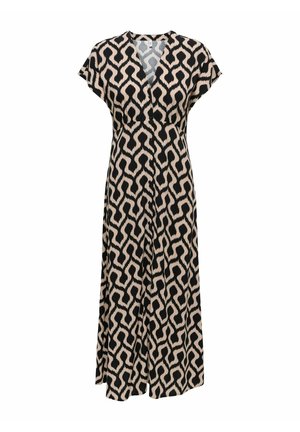 Robe à manches courtes beige et noire à motifs, col en V profond, taille cintrée et jupe longue fluide.