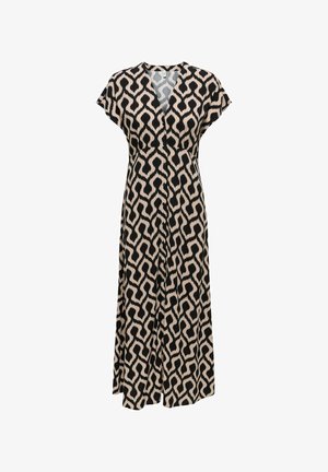 Robe à manches courtes beige et noire à motifs, col en V profond, taille cintrée et jupe longue fluide.