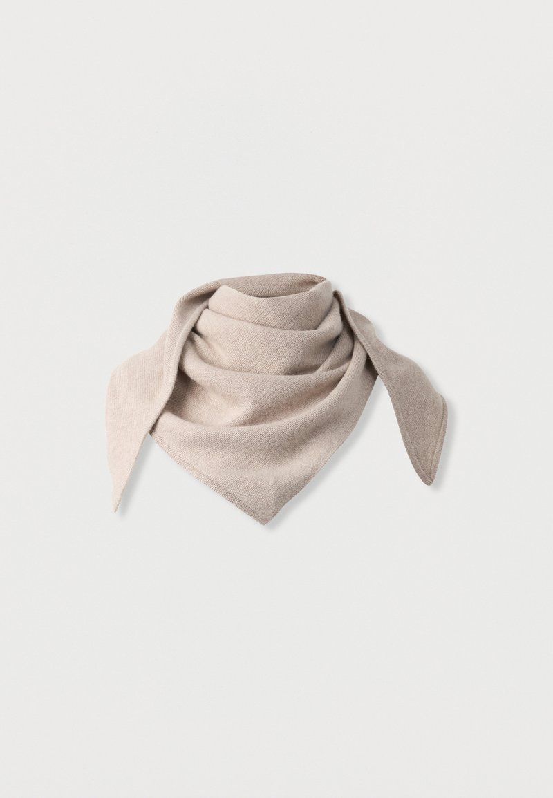 Beige triangular scarf made of soft fabric, featuring a smooth texture and layered design with pointed ends.