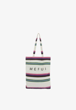 Borsa tote in tela con strisce orizzontali in viola, verde, nero e bianco, con la scritta "MEFUI" in lettere nere sulla parte anteriore.
