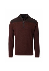 Brauner Reißverschluss-Pullover mit strukturiertem Design, gerippten Akzenten an den Schultern und langen Ärmeln, aus weichem Strickmaterial.