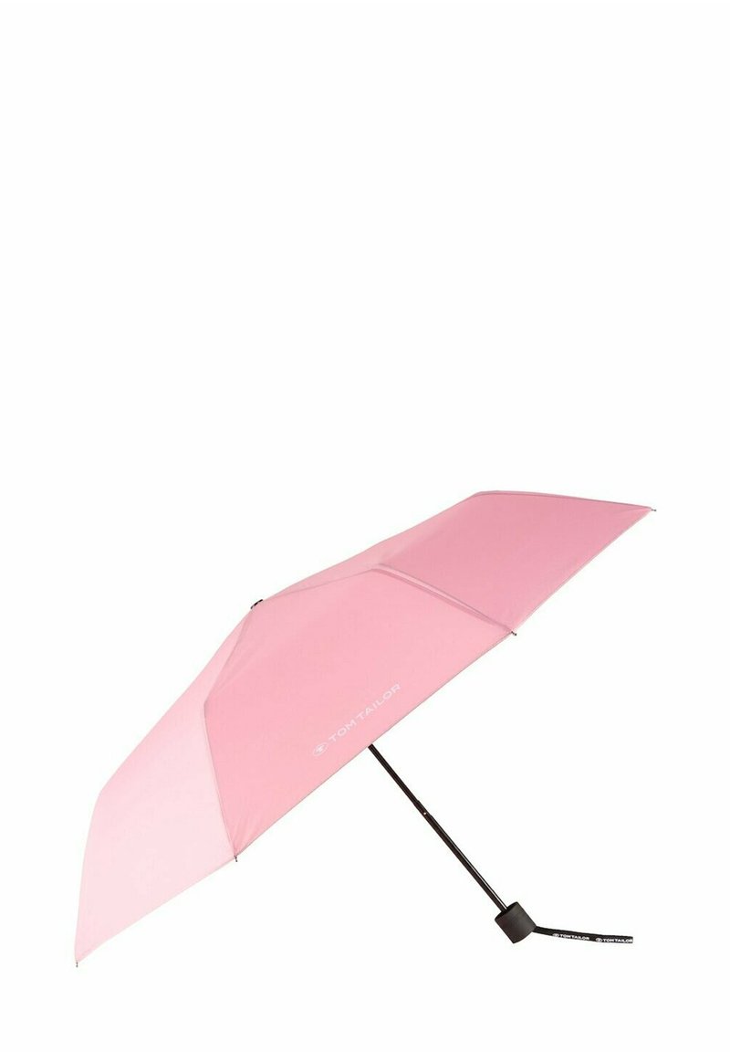 Rosa Regenschirm mit einem glatten Stoffdach, schwarzem Metallrahmen und einem gummierten Griff. Hat ein auf dem Dach gedrucktes Logo.