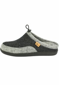 Grijze en zwarte wollen pantoffel met een stevige rubberen zool, afgeronde vorm, zachte textuur en een prominent logopatch nabij de hiel.